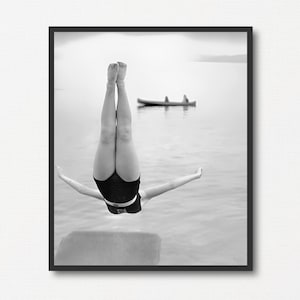 Swallow Dive into a Lake Vintage Photo, Black and White Photograph, Diving Wall Art, Summer Gift, Lake House Decor, Old Summer Photograph