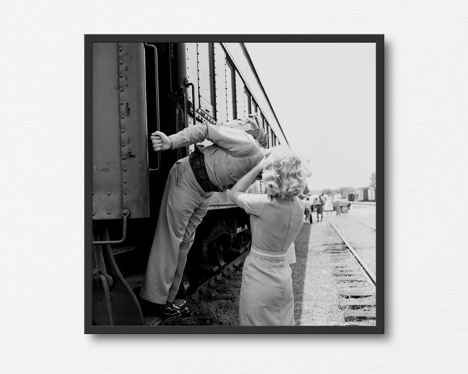 Blonde Girl and Soldier Goodbye Kiss at Train Station, Vintage Black and White Photo Print, Valentine Day Gift, Old Farewell Photograph