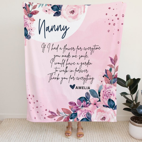 Personalised Fleece Blanket for Nanny, Nan, Grandma, Mother's Day Gift, Custom Birthday Gift, Personalised Nanny Gift, Floral Pink Throw