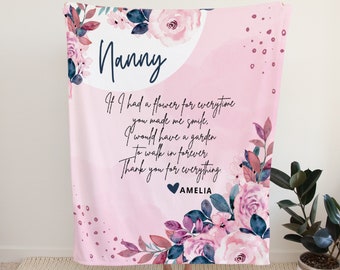 Personalised Fleece Blanket for Nanny, Nan, Grandma, Mother's Day Gift, Custom Birthday Gift, Personalised Nanny Gift, Floral Pink Throw