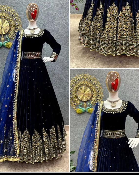 Blue Georgette Gown Dress With Heavy Golden Work Embellishments – Chhabra  555