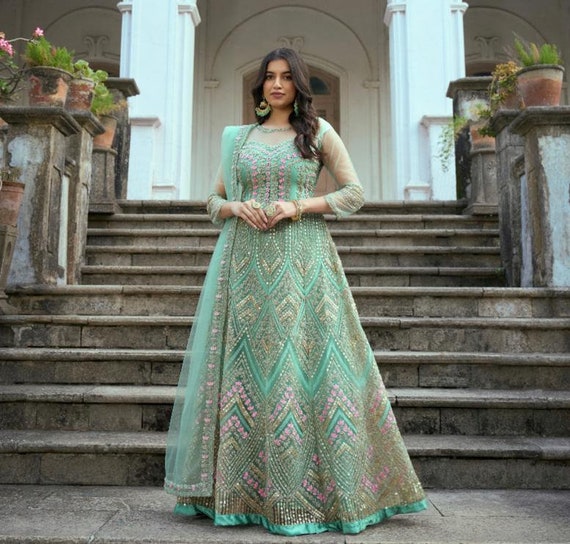 Mint Green Wedding Bridal Anarkali Gown In Net SFSA281504 – ShreeFashionWear