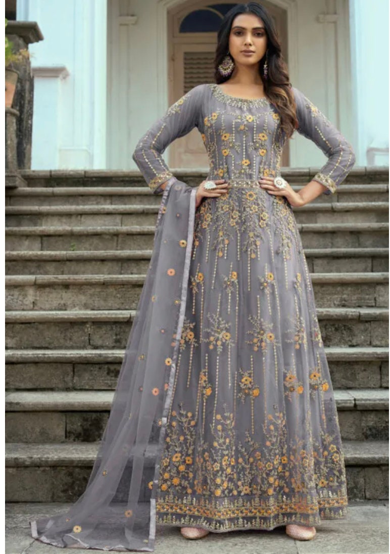 Graceful Grey Color Zari Work Designer Gown