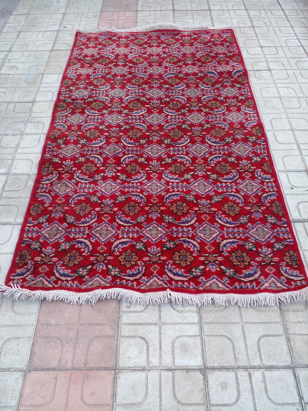 Vintage Rug Handmade From 1950s Hand-dyed Organic Wool 6x3 Ft Geometric ...