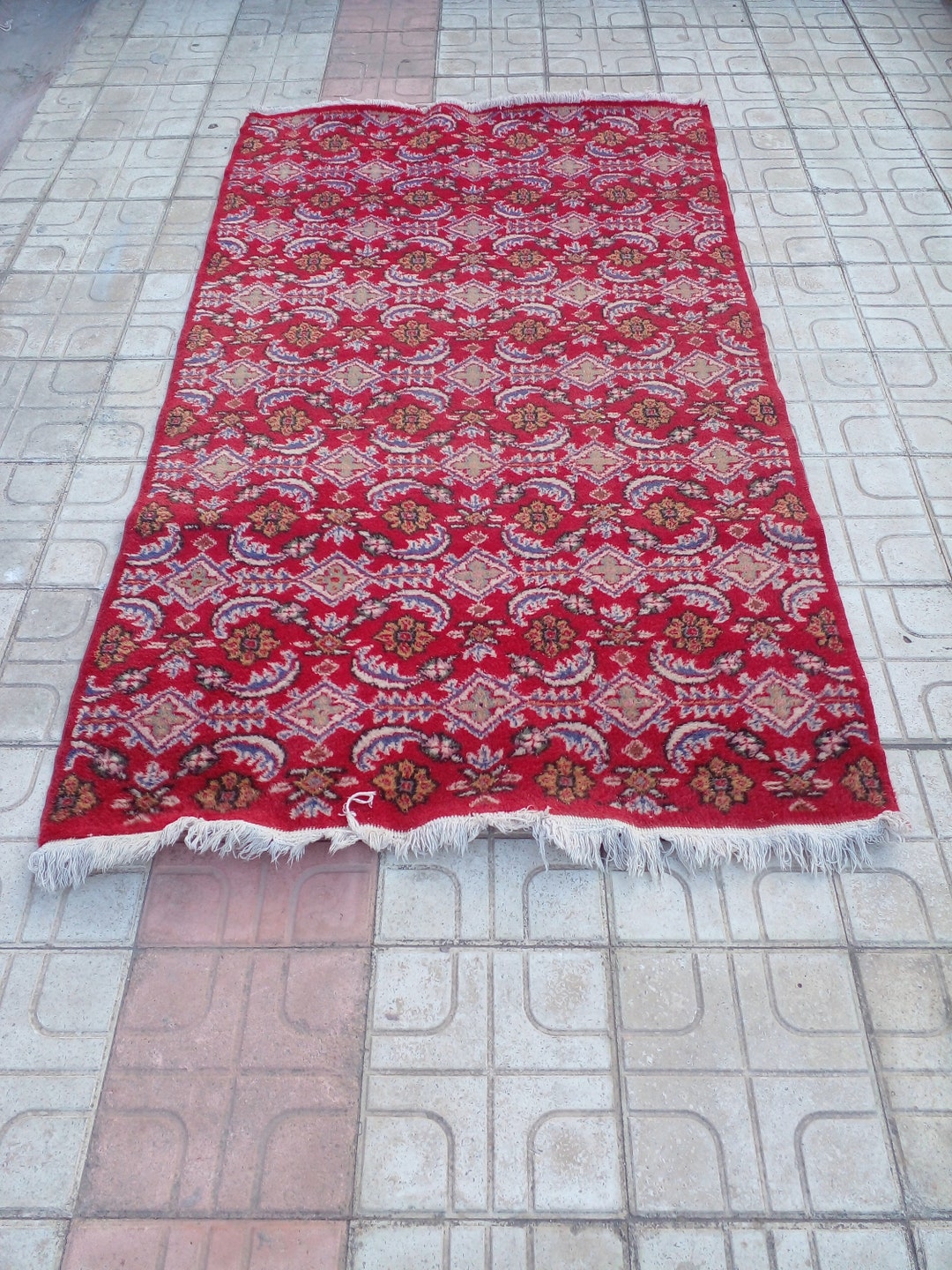 Vintage Rug Handmade From 1950s Hand-dyed Organic Wool 6x3 Ft Geometric ...