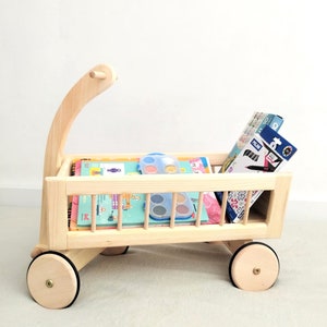 Opberger speelgoed, wagen voor babyjongen en meisje, duwwagen, houten speelgoedvrachtwagen, houten wagen, auto met wielen, peuterauto's en vrachtwagens