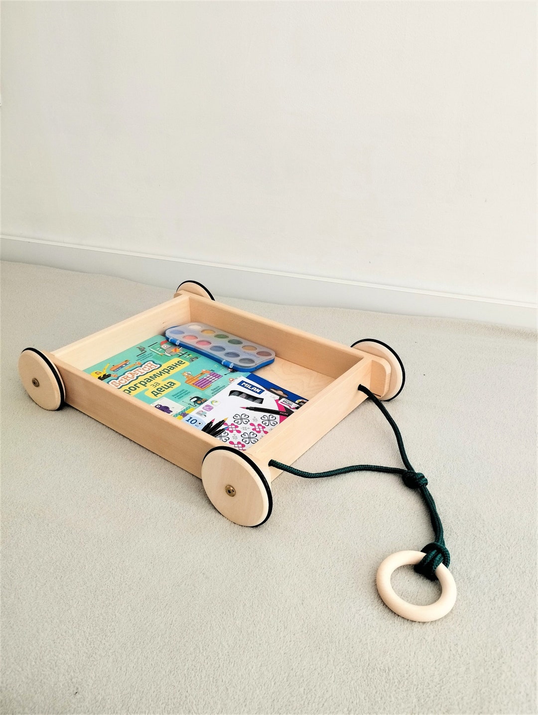 Wooden Pull Cart Wooden Baby Cart Organizer for Nursery Etsy