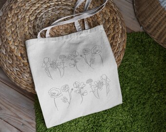 Tote Bag Aesthetic, Flowers Floral Line Drawing, Black And White Stem Flowers, Canvas Cotton Tote Bag, Shopping Bag, Reusable Bag, Beach Bag