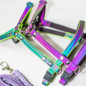 May include: A pet harness featuring a reflective, iridescent rainbow finish with neon green trim and embedded clear rhinestones. The harness includes adjustable straps, grey plastic buckles, and metal D-rings, accompanied by a purple patterned leash.
