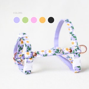 Può includere: Un'imbracatura per cani color lavanda con un motivo floreale a margherita. L'imbracatura ha fibbie in plastica bianca, dettagli in metallo color rame e un anello in metallo color oro rosa. L'immagine mostra anche opzioni di colore.