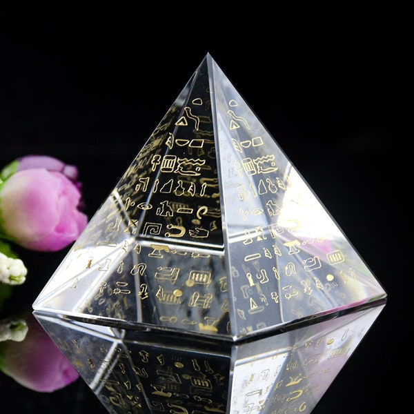 Ancient Egypt Pyramid Laser- Sculpture- Cuneiform Pattern Symbol Runes Prism- Sun Catcher Crystal Glass- Ornament-Healing-Decor-Gift-Pyramid