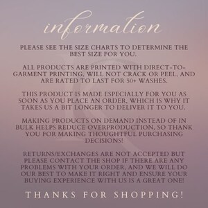 May include: A digital image with the word "information" in a cursive font at the top. The text below provides details about the product, including printing, production, and returns. The background is a gradient of purple and beige.