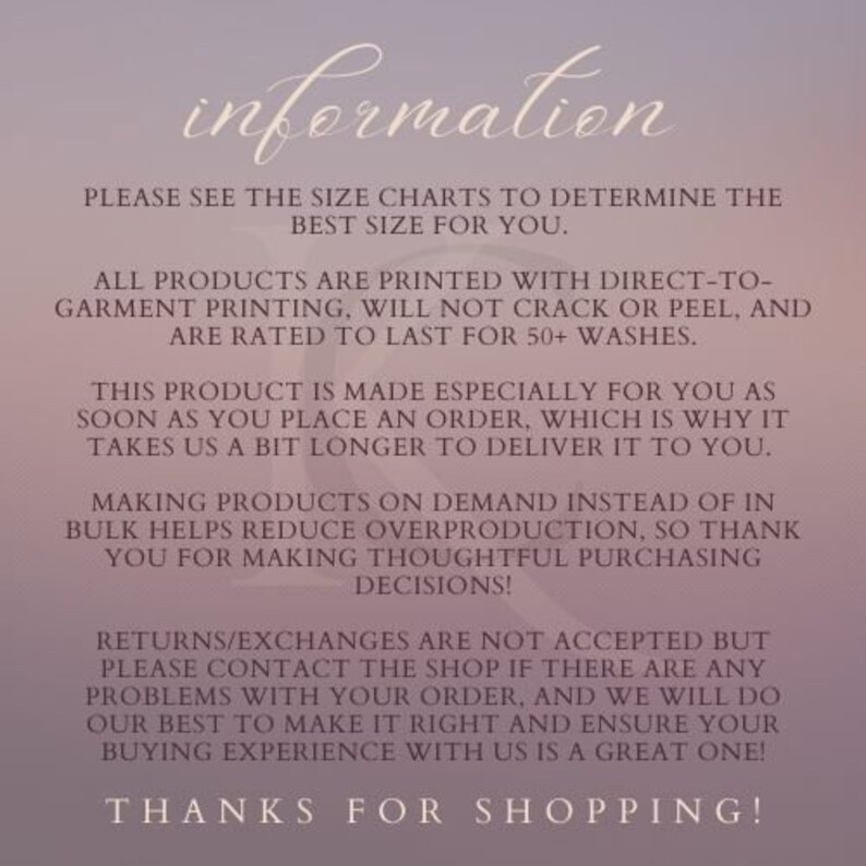 May include: A digital image with the word "information" in a cursive font at the top. The text below provides details about the product, including printing, production, and returns. The background is a gradient of purple and beige.