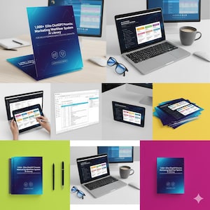 Könnte beinhalten: Eine Sammlung von Bildern, die eine KI-Bibliothek für Marketing-Workflows zeigen. Die Bilder zeigen einen Laptop, ein Tablet und gedruckte Materialien mit dem Text "1,000+ Elite ChatGPT Prompts: Marketing Workflow System AI Library". Das Farbschema ist blau und weiß.