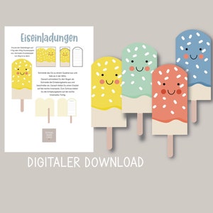 Eis Einladung zum Selberbasteln, vier bunte Designs, PDF-Datei mit Bastelanleitung und Bastelbogen, Kindergeburtstagseinladungen