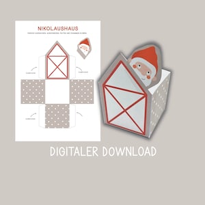 Nikolaushaus Geschenkbox, Adventskalenderboxen zum Ausdrucken PDF Datei, Bastelset Weihnachtsmann, Nikolausgeschenk