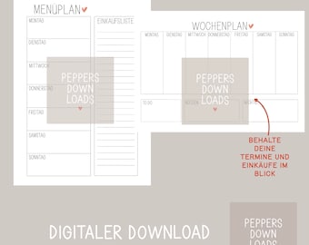 Wochenplaner Menüplaner Monatsplaner zum Ausdrucken und selber Gestalten, Organisation Planer Kalender Familie PDF Datei