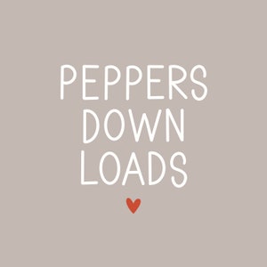 May include: White text on a gray background reads "Peppers Down Loads" with a small red heart below the text.