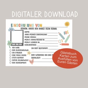 Gästebuchkarten Einschulung, PDF-Datei Gastgeschenke, Spiele für Einschulungsfeier, Erinnerungen Schulkind