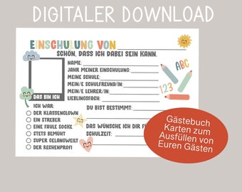 Gästebuchkarten Einschulung, PDF-Datei Gastgeschenke, Spiele für Einschulungsfeier, Erinnerungen Schulkind