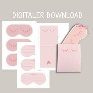 Schlafmaske Einladung für Beautygeburtstag zum Selberbasteln, PDF-Datei mit Bastelanleitung und Bastelbogen, Kindergeburtstagseinladungen