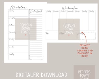 Wochenplaner Menüplaner Monatsplaner zum Ausdrucken und selber Gestalten, Organisation Planer Kalender Familie PDF Datei