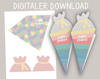 Schultüteneinladung Einschulung zum Selberbasteln, PDF-Datei mit Bastelanleitung und Bastelbogen, Schulkind Einschulungsfeier