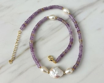 Amethyst & Baroque Pearl Necklace: Handmade Gemstone Choker