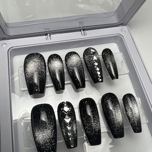 Apres Gel X Press On Nails| Black and Silver Cat Eye| Glue On Nails