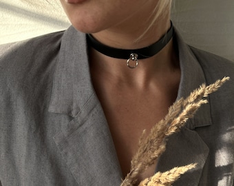 leather choker, ring collar, leather necklace, black ring necklace, black leather choker o ring, choker women leather, leather cat choker