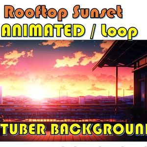 以下が含まれることがあります： 夕暮れの街の屋上からの景色を捉えた、ループするアニメーションの背景です。空は鮮やかなオレンジとピンクで、ふわふわの雲が広がっています。手前に木製の屋根と引き戸のある建物があります。画像の下部には、黄色い文字で「VTUBER BACKGROUND」と表示されています。