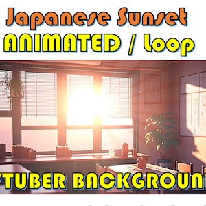 Puede incluir: Escena animada de puesta de sol japonesa con un escenario de aula. El sol se pone a través de la ventana, proyectando un cálido resplandor en los escritorios y las sillas. El texto "VTUBER BACKGROUND" está en la parte inferior de la imagen.