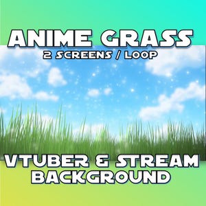 May include: Anime style grass background with a blue sky and white clouds. The text "Anime Grass 2 Screens / Loop VTuber & Stream Background" is at the top and bottom of the image.