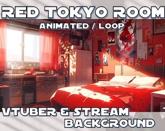 Puede incluir: Un fondo animado en bucle que presenta una habitación roja con una cama, un escritorio y una ventana. El texto "RED TOKYO ROOM ANIMATED / LOOP VTUBER & STREAM BACKGROUND" se muestra en la imagen.