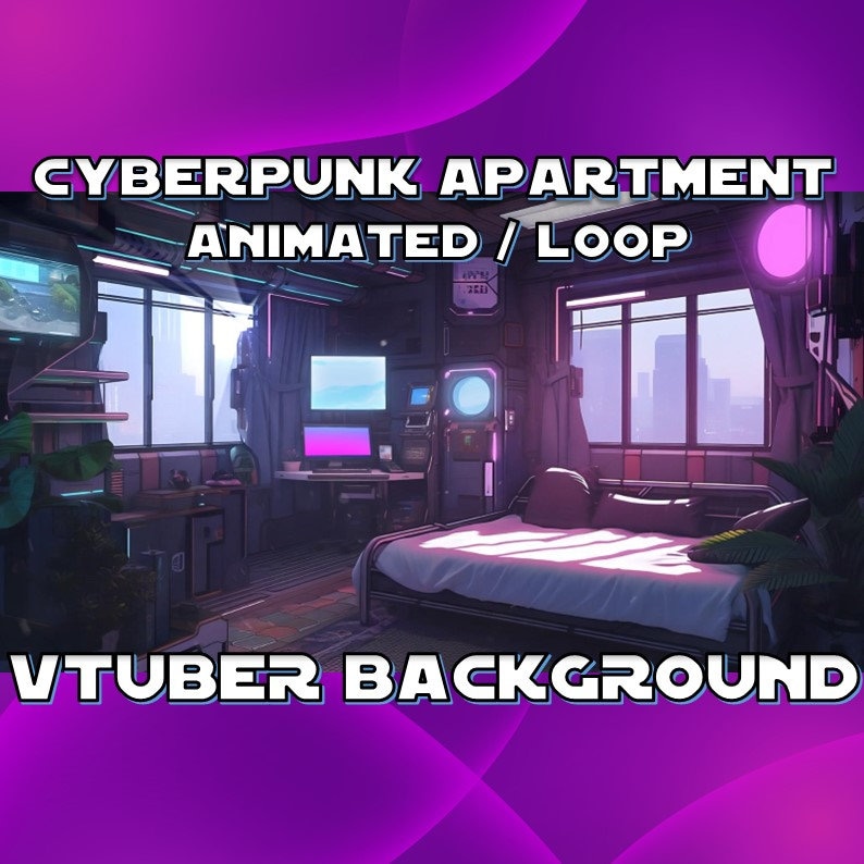 VTUBER ANIMATED BACKGROUND - Cyberpunk Apartment (loop, 1080p, twitch, obs) image 1