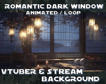 Puede incluir: Una ventana oscura con vista a un lago y árboles. La ventana está iluminada por velas y linternas. El texto "Romantic Dark Window Animated/Loop VTuber & Stream Background" está en la parte superior e inferior de la imagen.