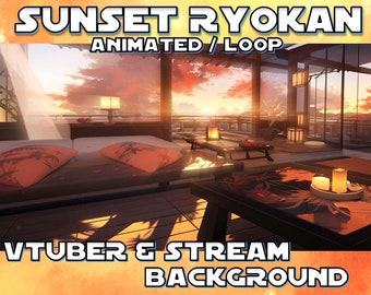 Puede incluir: Fondo animado en bucle que presenta una habitación de estilo japonés con vistas a una puesta de sol sobre el océano. La habitación tiene un futón, una mesa y algunas linternas. El texto "SUNSET RYOKAN ANIMATED / LOOP VTUBER & STREAM BACKGROUND" se muestra en la imagen.
