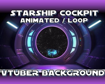 May include: Animated looping background featuring a spaceship cockpit with a view of a starry sky through the window. The text "STARSHIP COCKPIT ANIMATED / LOOP VTUBER BACKGROUND" is displayed at the top and bottom of the image.