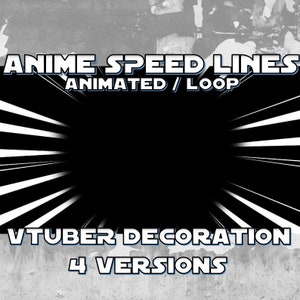 May include: Black and white animated speed lines with the text "Anime Speed Lines Animated/Loop Vtuber Decoration 4 Versions" on a gray textured background.