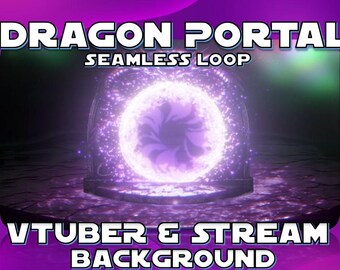 May include: A digital graphic with a glowing purple portal, the text "DRAGON PORTAL SEAMLESS LOOP" and "VTUBER & STREAM BACKGROUND". The portal is within a decorative frame, set against a dark, textured background with a purple gradient.
