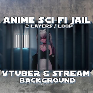 Può includere: Sfondo di cella di prigione di fantascienza anime con un personaggio femminile in un abito bianco e nero. Il testo "Anime Sci-Fi Jail 2 Layers/Loop VTuber & Stream Background" è in alto e in basso nell'immagine.