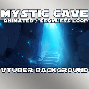 Könnte beinhalten: Animierter Hintergrund mit einer blauen und weißen mystischen Höhle mit einem leuchtenden Licht am Ende einer Steintreppe. Der Text "MYSTIC CAVE ANIMATED / SEAMLESS LOOP VTUBER BACKGROUND" wird oben und unten im Bild angezeigt.
