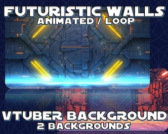 May include: Two animated futuristic wall backgrounds for virtual streamers. The first background is a dark gray wall with yellow and red glowing lines. The second background is a red and orange wall with a glowing blue floor.