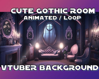 Könnte beinhalten: Animierter Gothic-Raum-Hintergrund für einen VTuber. Der Raum verfügt über einen Kamin, verzierte Spiegel, ein getuftetes Sofa und zwei Sessel. Der Text auf dem Bild lautet "CUTE GOTHIC ROOM ANIMATED / LOOP" und "VTUBER BACKGROUND". Das Farbschema ist dunkel mit weicher Beleuchtung.