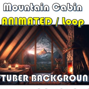 Pode incluir: Fundo animado de cabana de montanha para um VTuber. A cena apresenta um interior acolhedor com uma lareira, uma grande janela com vista para uma cordilheira e o texto "Mountain Cabin ANIMATED / Loop VTUBER BACKGROUND".
