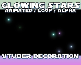 Puede incluir: Estrellas brillantes animadas en varios colores sobre un fondo negro. El texto "GLOWING STARS ANIMATED / LOOP / ALPHA VTUBER DECORATION" está en la parte superior e inferior de la imagen.