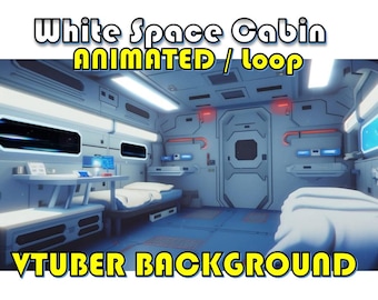 May include: A white space cabin interior with two beds, a table, and a door. The cabin has a futuristic design with glowing lights and a view of space through the windows. The text "White Space Cabin ANIMATED / loop VTUBER BACKGROUND" is displayed at the top of the image.
