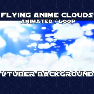 Pode incluir: Loop animado de nuvens brancas movendo-se através de um céu azul. O texto "FLYING ANIME CLOUDS ANIMATED/LOOP VTUBER BACKGROUND" está na parte superior e inferior da imagem.