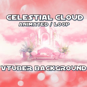 Può includere: Sfondo animato rosa e bianco con un trono bianco e un divano rosa. Il testo "CELESTIAL CLOUD ANIMATED / LOOP VTUBER BACKGROUND" è in alto e in basso nell'immagine.