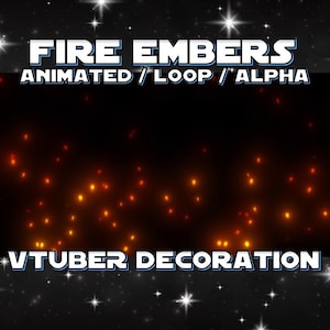 Könnte beinhalten: Animierte Feuerschwaden mit Alphakanal, perfekt um Ihren Videos einen Hauch von Magie zu verleihen. Die Glut ist in leuchtendem Orange und Gelb gehalten und vor einem schwarzen Hintergrund platziert. Der Text "FIRE EMBERS ANIMATED / LOOP / ALPHA VTUBER DECORATION" ist oben und unten im Bild zu sehen.